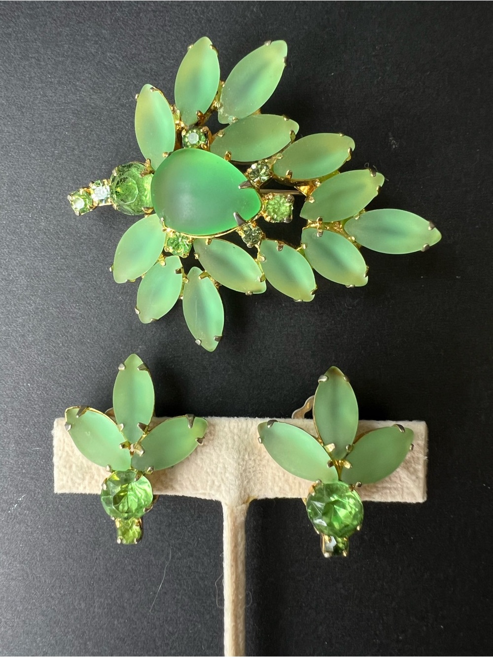 Vintage Uranium Glass Green Frosted Glass Brooch and Earrings Set Julianna Style